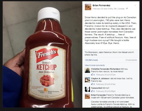 Viral social media post about the Canadian Ketchup War