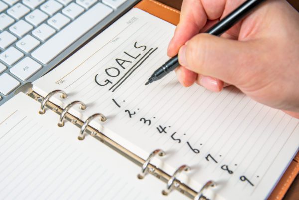Close-up of a businessman's hand writing goals and list in the diary