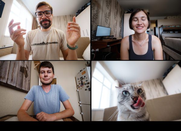 Shot of a screen of teammates doing a virtual happy hour from their home offices. Team meeting from home smiling multiethnic colleagues talk speak online brainstorm on video call and Funny Cat in chat