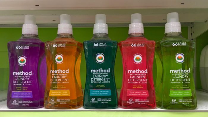 Alameda, CA - July 21, 2017: Grocery store shelf with Method brand laundry soaps. Tough on dirt and stains. Biodegradable formula. Variety of scents available.
